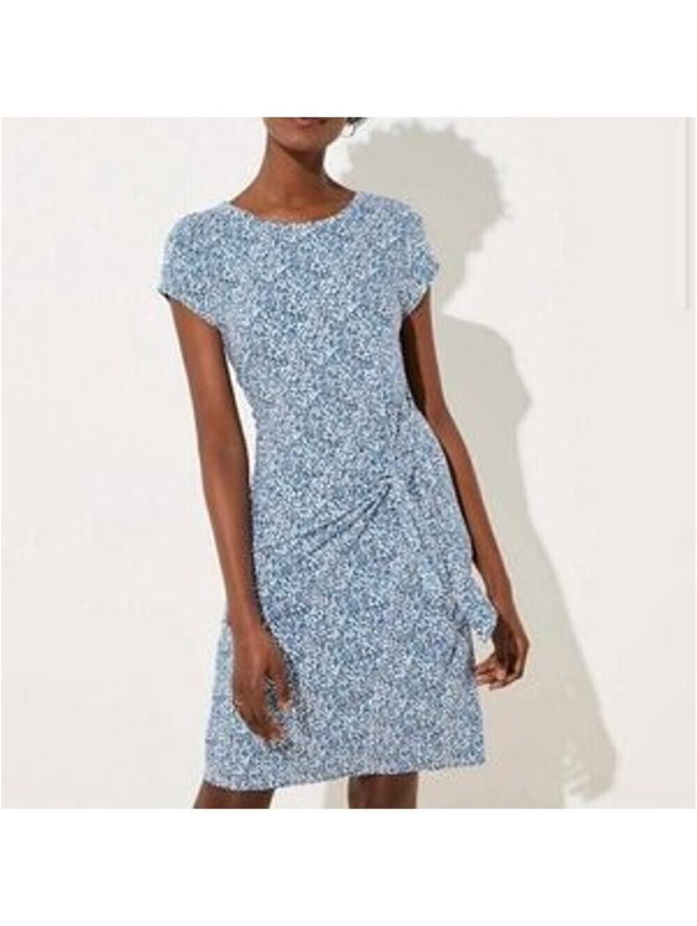 Loft EUC Women's Blue Floral Jersey Knit Faux Wrap Dress Short Sleeve S